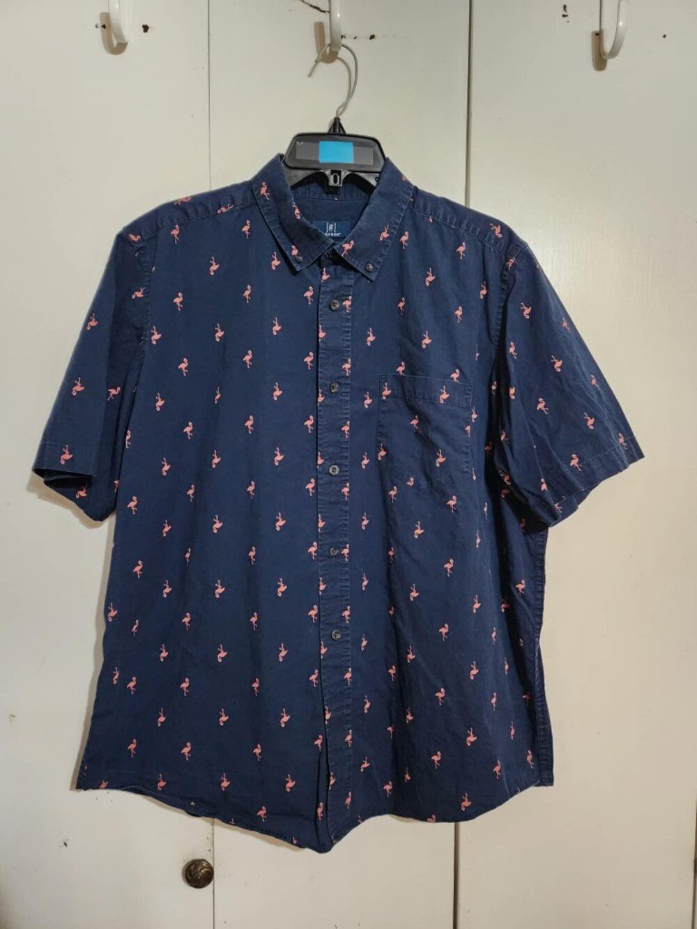 George Mens Shirt Large Navy Blue Pink Flamingo Button Down Short Sleeve Classic